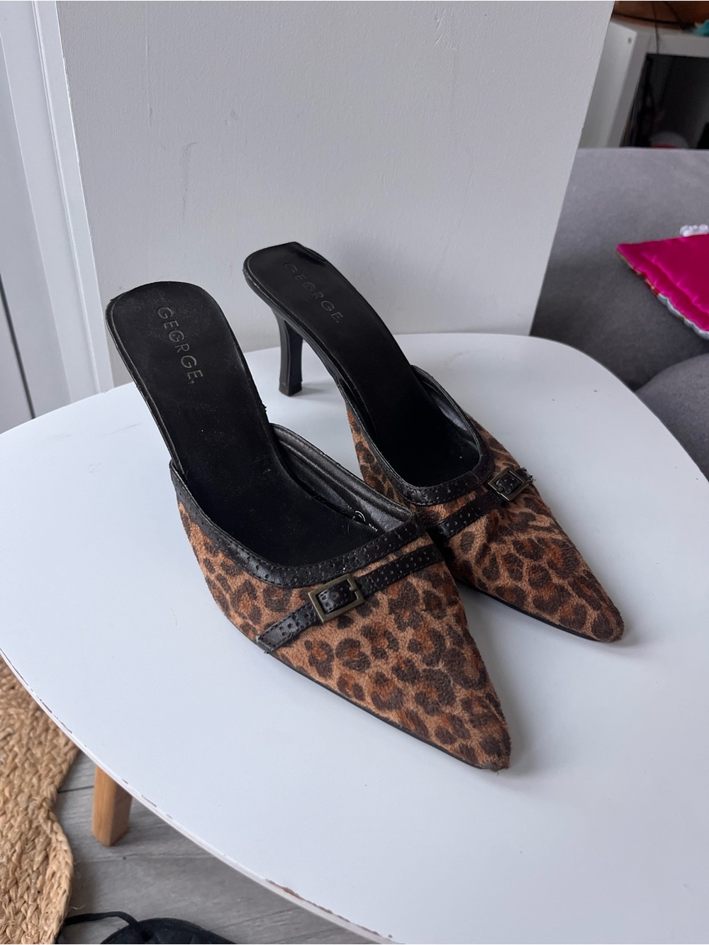 George Brown Leopard Print Pointed Toe Mule Heels